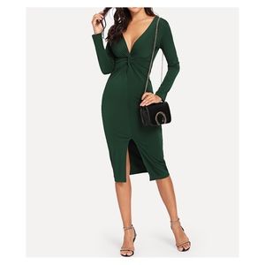 Green Deep V Neckline Front Twist Midi Dress